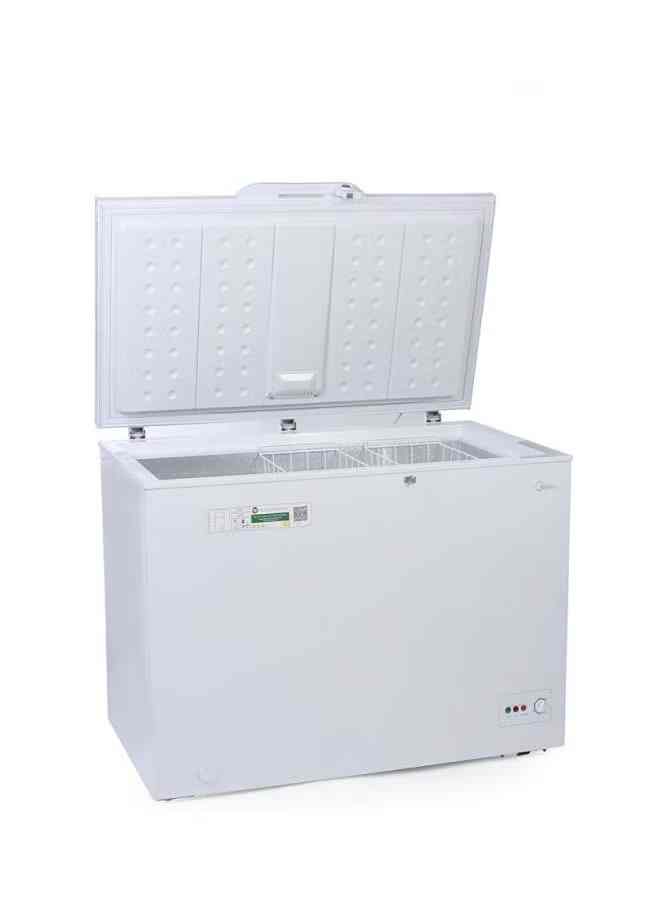 ميديا مجمّد أفقي (Chest Freezer) سعة 290 لتر، موديل HS-384C، لون أبيض، مزود بمقبض وقفل ومفتاح.