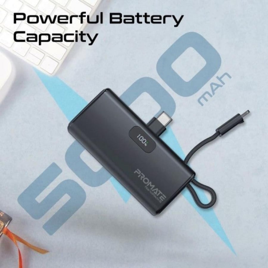 Very small portable battery for fast charging with 5000 mAh capacity with foldable USB-C connector and iPhone Lightning cable • power-ip power delivery of 20 watts • foldable USB-C connector • stand • USB-C input/output Promate NanoPack-5