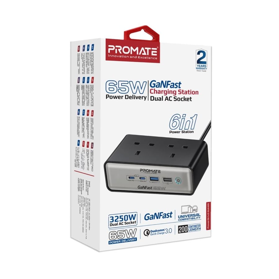 Multi-port charging station 6 in 1 with GaNFast™ technology with 65 watts power with dual AC outlets with 3250 watts, and two USB-C™ power delivery ports with 65 watts, and QC 3.0 port with 60 watts, and USB-A port from Promate PowerBrix2-GaN65