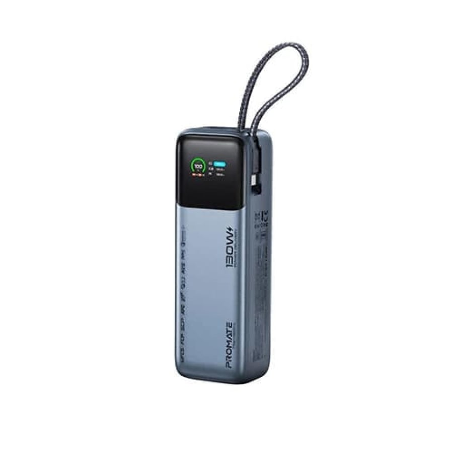 باور بانك بسعة 20000mAh وبقدرة إجمالية 130 واط، شحن تايب سي PD بقدرة 100 واط، كابل تايب سي مجدول مدمج، منفذ USB-A بقدرة 22.5 واط، إعادة شحن سريع بقدرة 65 واط، وشاشة TFT ذكية من بروميت | Titan-130Pro |