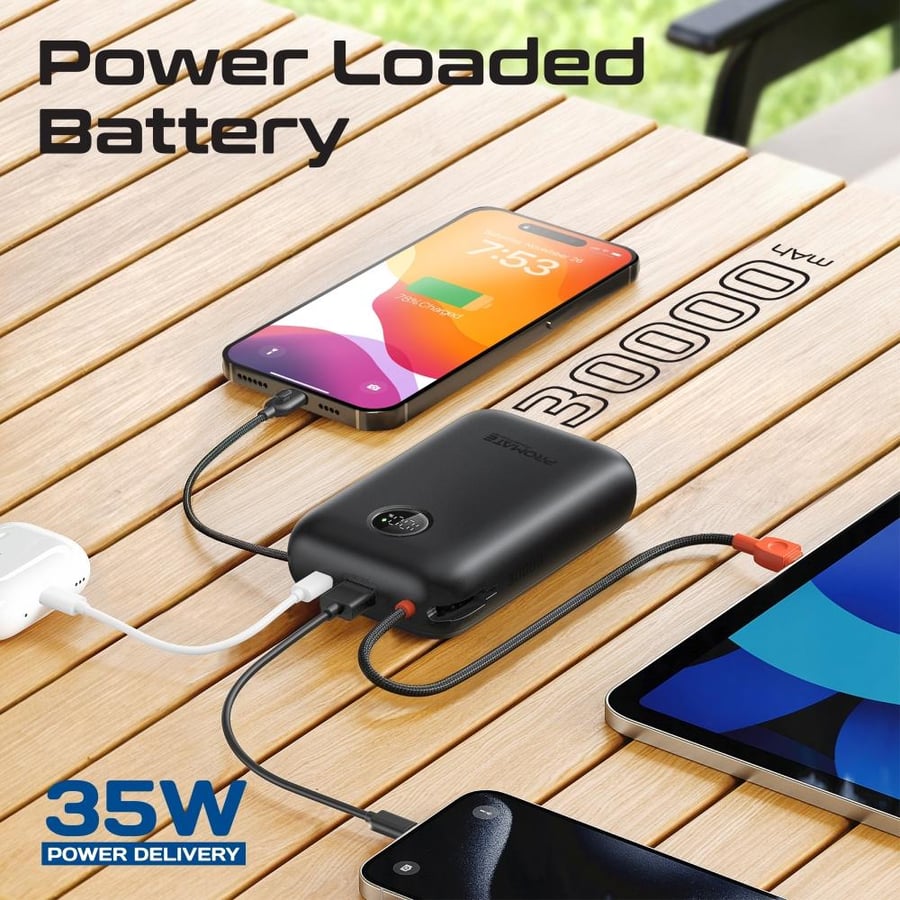 أفضل بطارية powerpod متنقلة 4 في 1 صغيرة الحجم بسعة 30000 مللي أمبير، مزودة بكيبل USB-C مدمج بقوة 35 واط، وكابل لايتنينغ بقوة 27 واط، ومنفذي USB-C مزدوجين بقوة 35 واط، مع شحن سريع موثوق بقوة 22.5 واط - Promate PowerPod-30