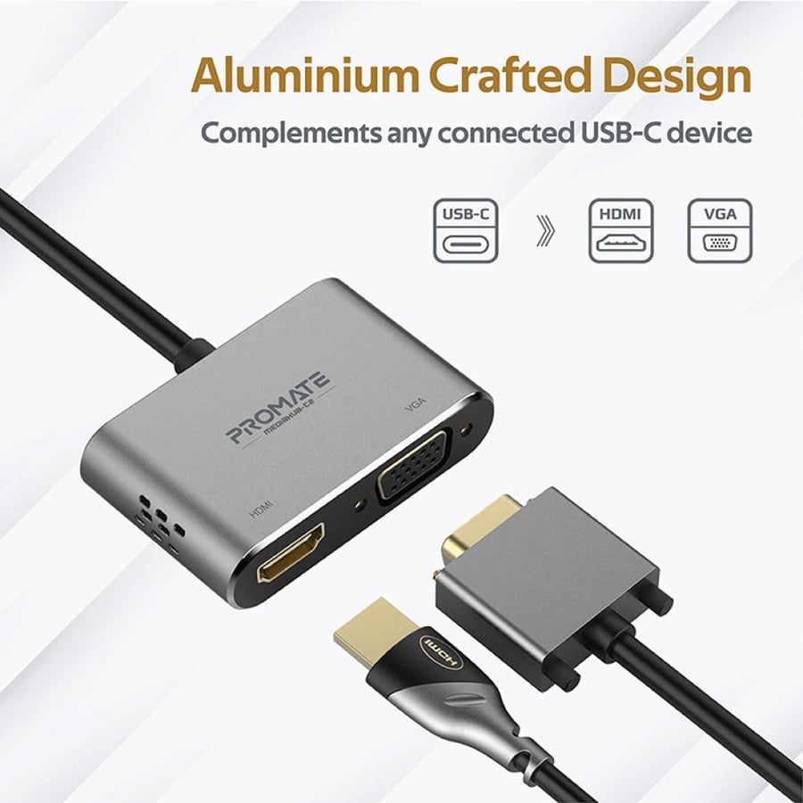 أفضل محول شاشة USB-C عالي الوضوح يدعم الفيديو HDMI بدقة 4K مع دعم VGA بدقة 1080 بكسل وسهولة التوصيل والتشغيل من بروميت - Promate MediaHub-C2