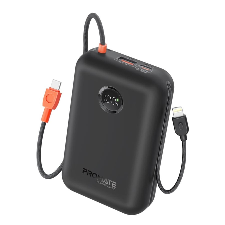 أفضل بطارية powerpod متنقلة 4 في 1 صغيرة الحجم بسعة 30000 مللي أمبير، مزودة بكيبل USB-C مدمج بقوة 35 واط، وكابل لايتنينغ بقوة 27 واط، ومنفذي USB-C مزدوجين بقوة 35 واط، مع شحن سريع موثوق بقوة 22.5 واط - Promate PowerPod-30