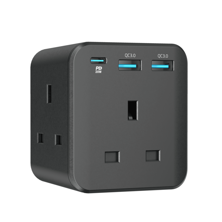 محول بـ 3 مقابس uk للكهرباء و 3 منافذ شحن يدعم QC3&PD20 ابيض
