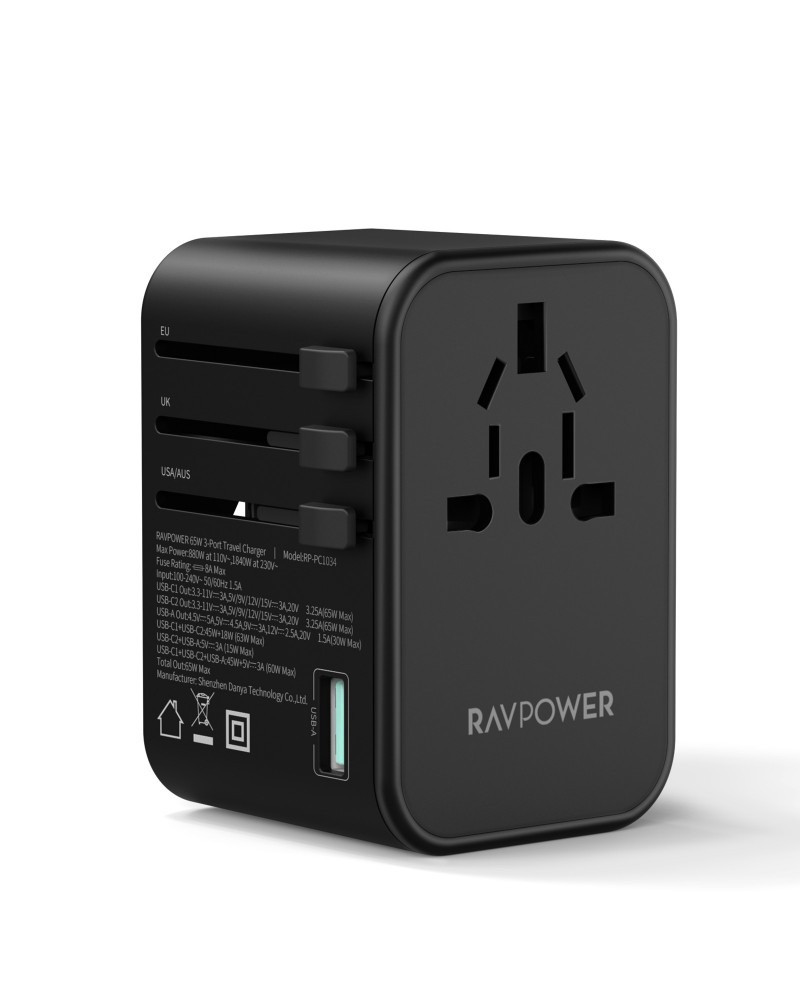 راف باور فيش السفر بقوة 65 واط مع منفذين تايب سي ومنفذ USB
