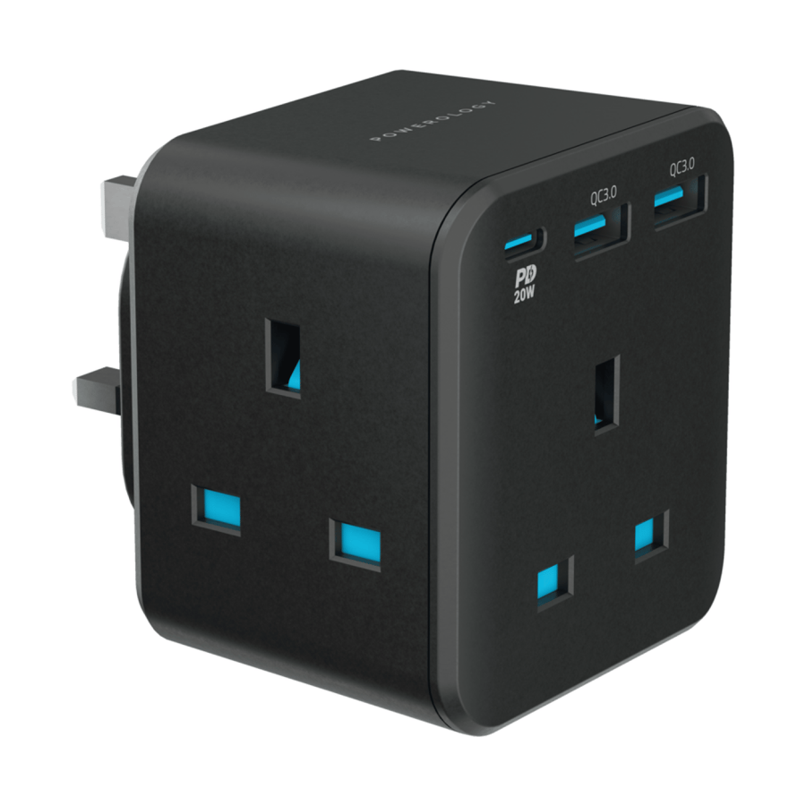 محول بـ 3 مقابس uk للكهرباء و 3 منافذ شحن يدعم QC3&PD20 ابيض