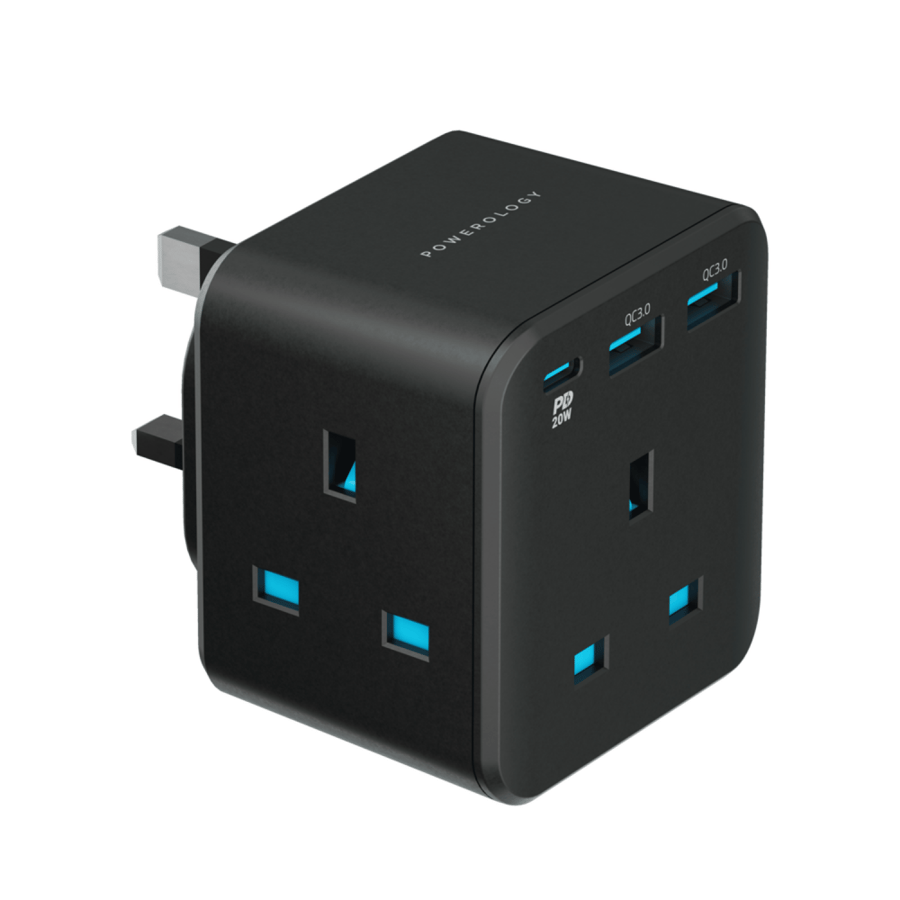 محول بـ 3 مقابس uk للكهرباء و 3 منافذ شحن يدعم QC3&PD20 ابيض