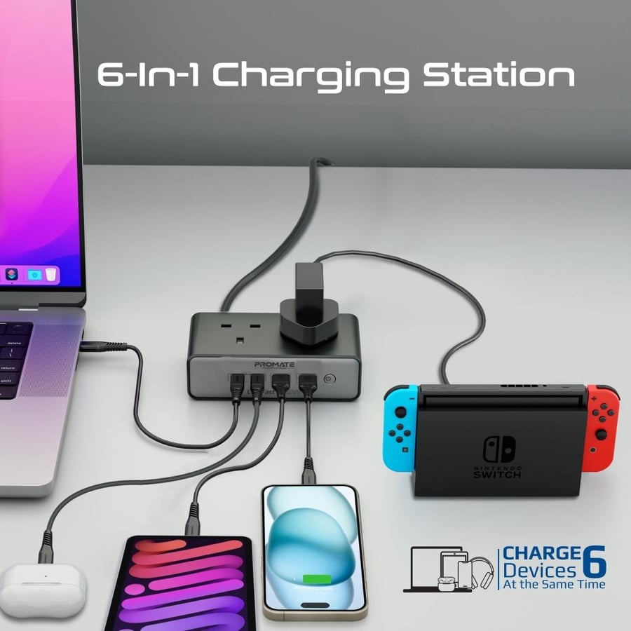 Multi-port charging station 6 in 1 with GaNFast™ technology with 65 watts power with dual AC outlets with 3250 watts, and two USB-C™ power delivery ports with 65 watts, and QC 3.0 port with 60 watts, and USB-A port from Promate PowerBrix2-GaN65