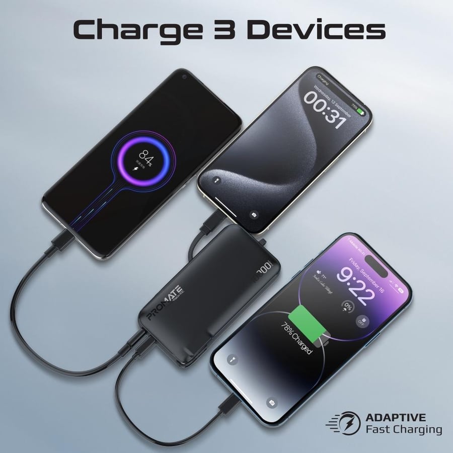 شاحن حائط وبطارية متنقلة فائقة الصغر وسريعة الشحن، مزودة بشاحن تيار متردد وكيبل USB-C مدمج لسهولة الاستخدام والشحن السريع Promate PowerPack-10C