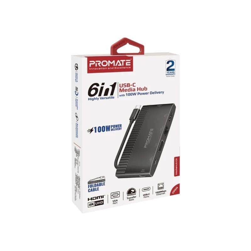 بروميت موزع 6 في 1  USB-C مع 4K HDMI وVGA و1000Mbps RJ45 ومنفذ بيانات USB-C ومنفذ توصيل طاقة USB-C بقدرة 100 واط مع  Promate  MediaHub-C6