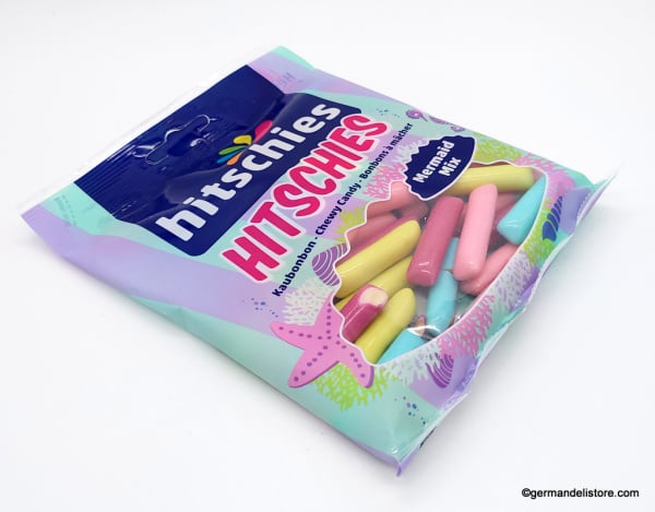 ‏hitschies مزيج هيتشيز ميرميد - حلوى مقرمشة للمضغ بقلب طري - فاكهة الغابة، فاكهة العاطفة، توت العليق، وخشب الصندل - خالية من الغلوتين  125g