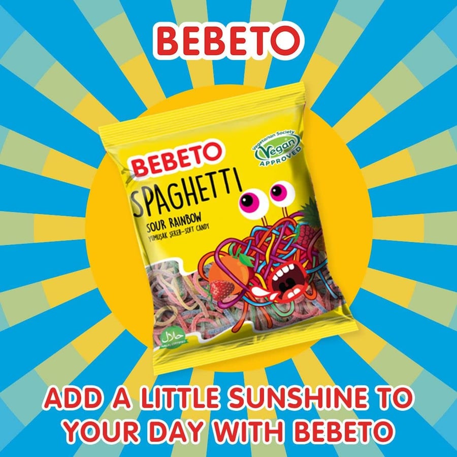 Bebeto حلوى جيلاتينية معكرونة سباغيتي قوس قزح حامضة مع أربطة سعيدة من بيبيتو (نباتية) 80 جرامًا