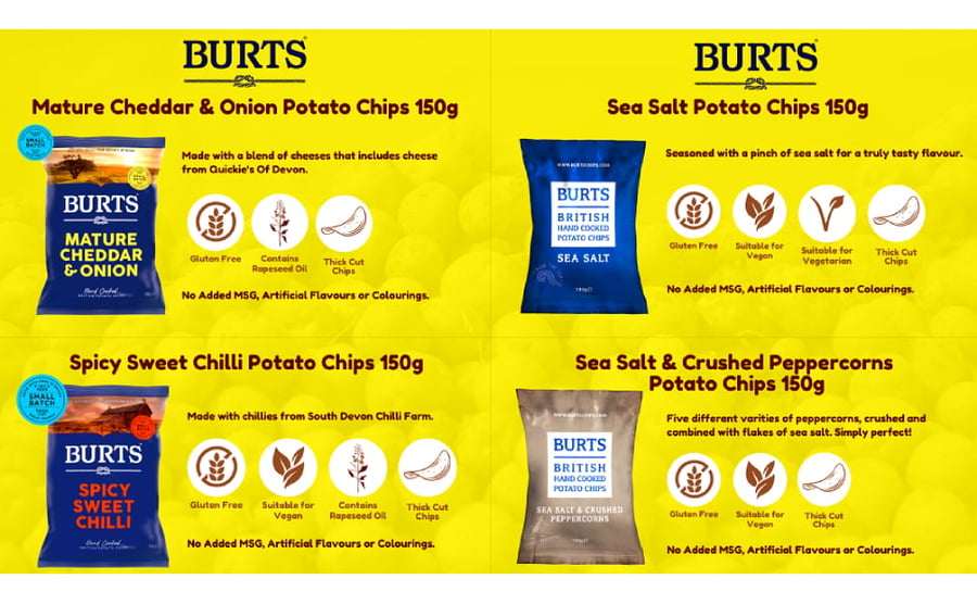Burts  رقائق البطاطس البريطانية المطبوخة يدويًا بملح البحر والفلفل الأسود من بيرتس، 150 جم خالية من الغلوتين