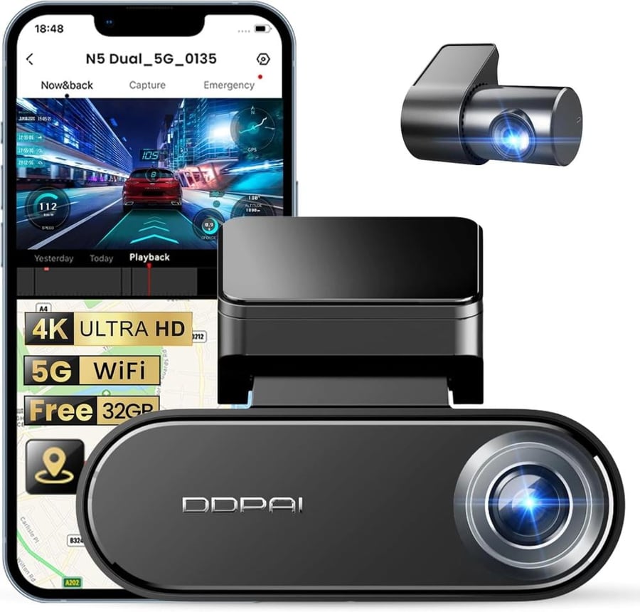 DDPAI N5 front and rear dash cam with 4K resolution for comprehensive vehicle recording