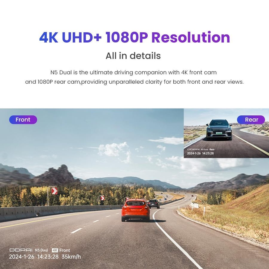 DDPAI N5 front and rear dash cam with 4K resolution for comprehensive vehicle recording