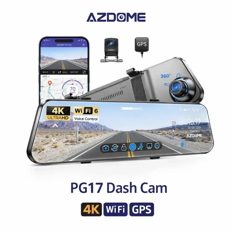 مرآة داش كام AZDOME PG17 شاشة 12 بوصة 4K أمامي و1080P خلفي مع واي فاي