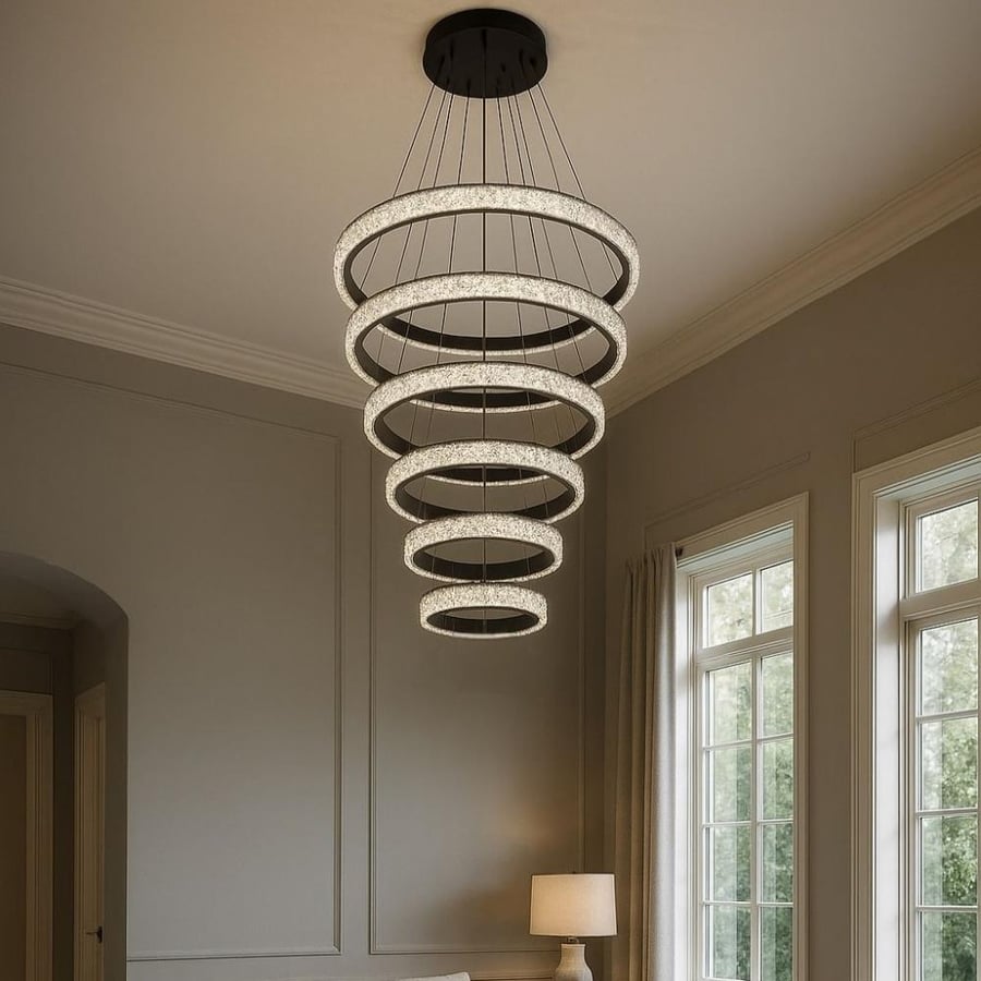 Modern chandelier 6 LED rings – black color – yellow lighting 350 watts – size 60×120 cm