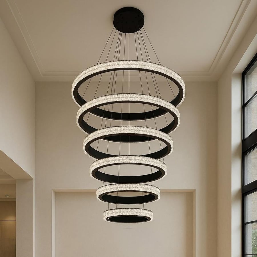 Modern chandelier 6 LED rings – black color – yellow lighting 350 watts – size 60×120 cm