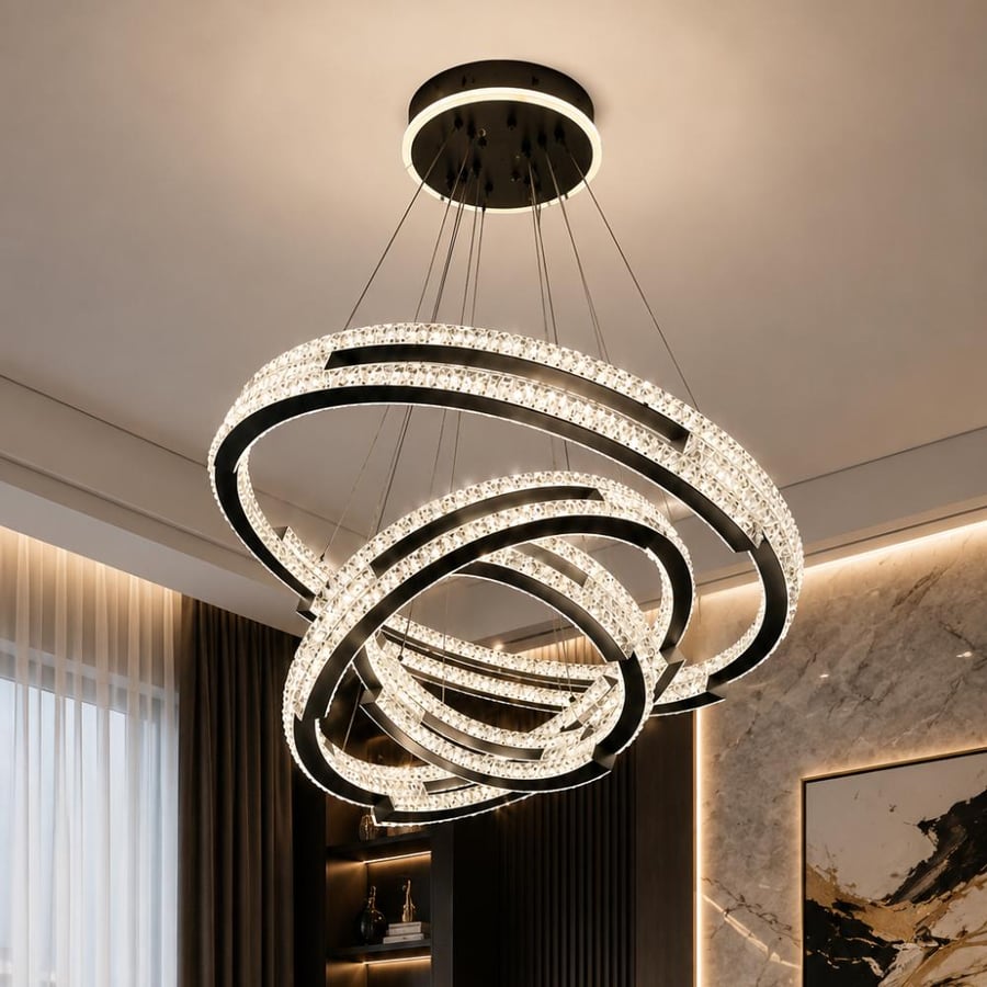 Black hand chain chandelier with three lights, rings, available in various sizes