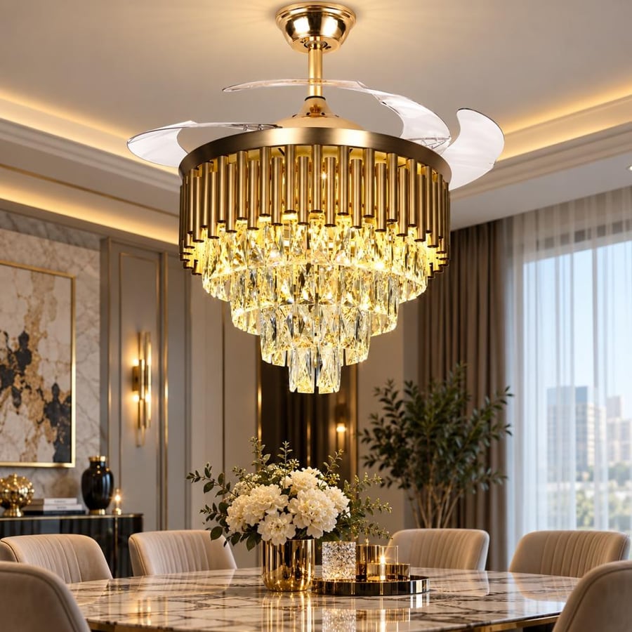 Rich Led fan with three crystal golden lights, 50 cm size
