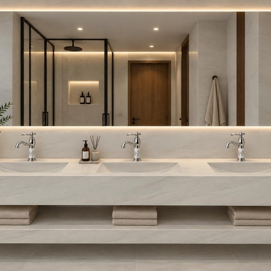 مغسلة حرارية بيج 3 أحواض مع مرآة LED – مقاس 180 سم