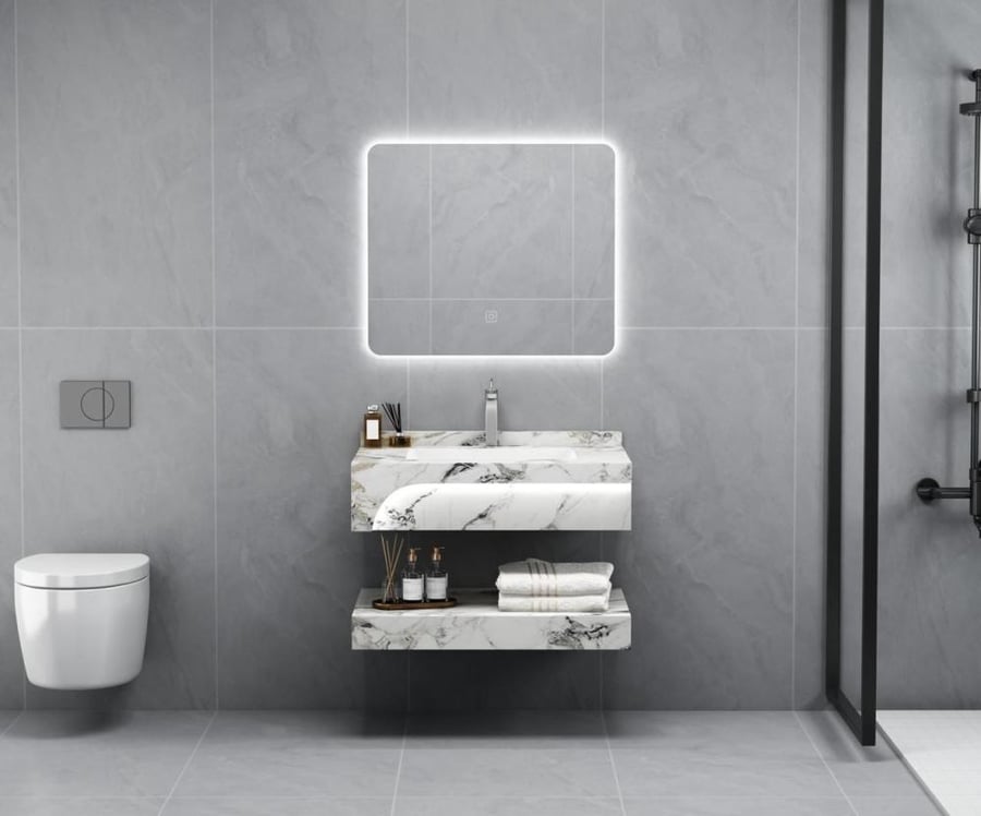 White marble sinks with gold veining, front lighting, one basin, and two basins in various sizes