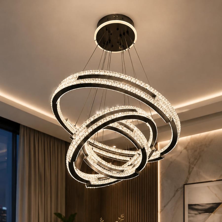 Black hand chain chandelier with three lights, rings, available in various sizes
