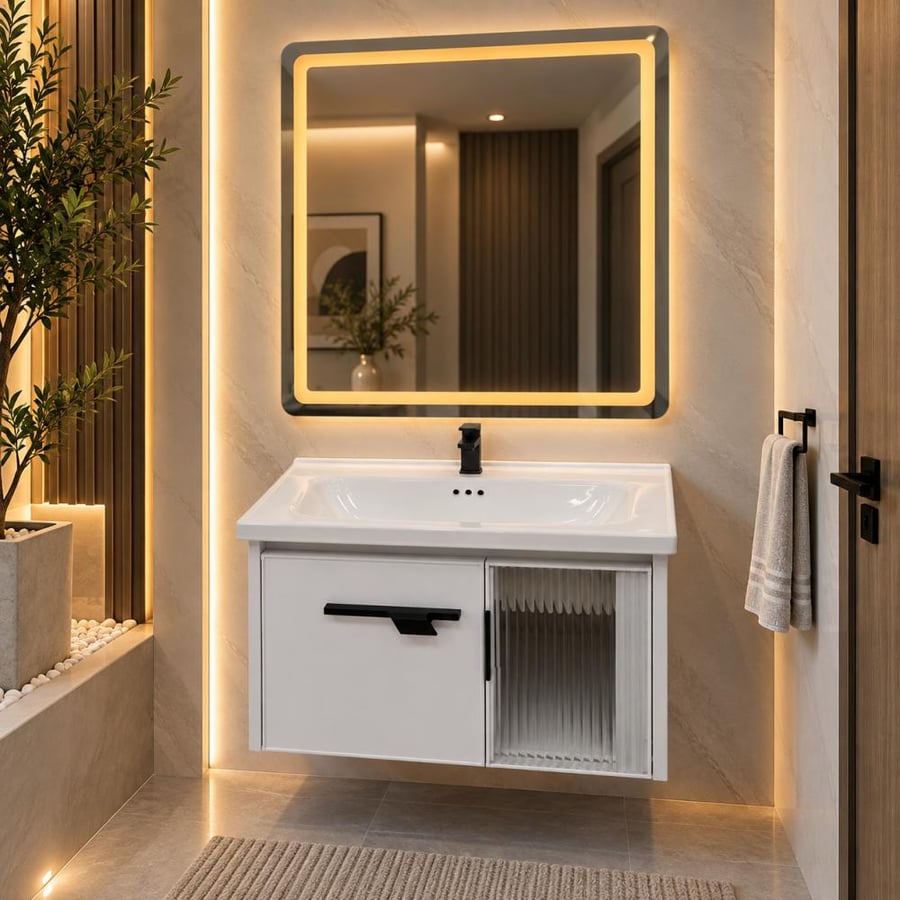 مغسلة ديكور مع مراية ليد LED – متوفرة بمقاسين 80 سم و60 سم – تصميم عصري أنيق