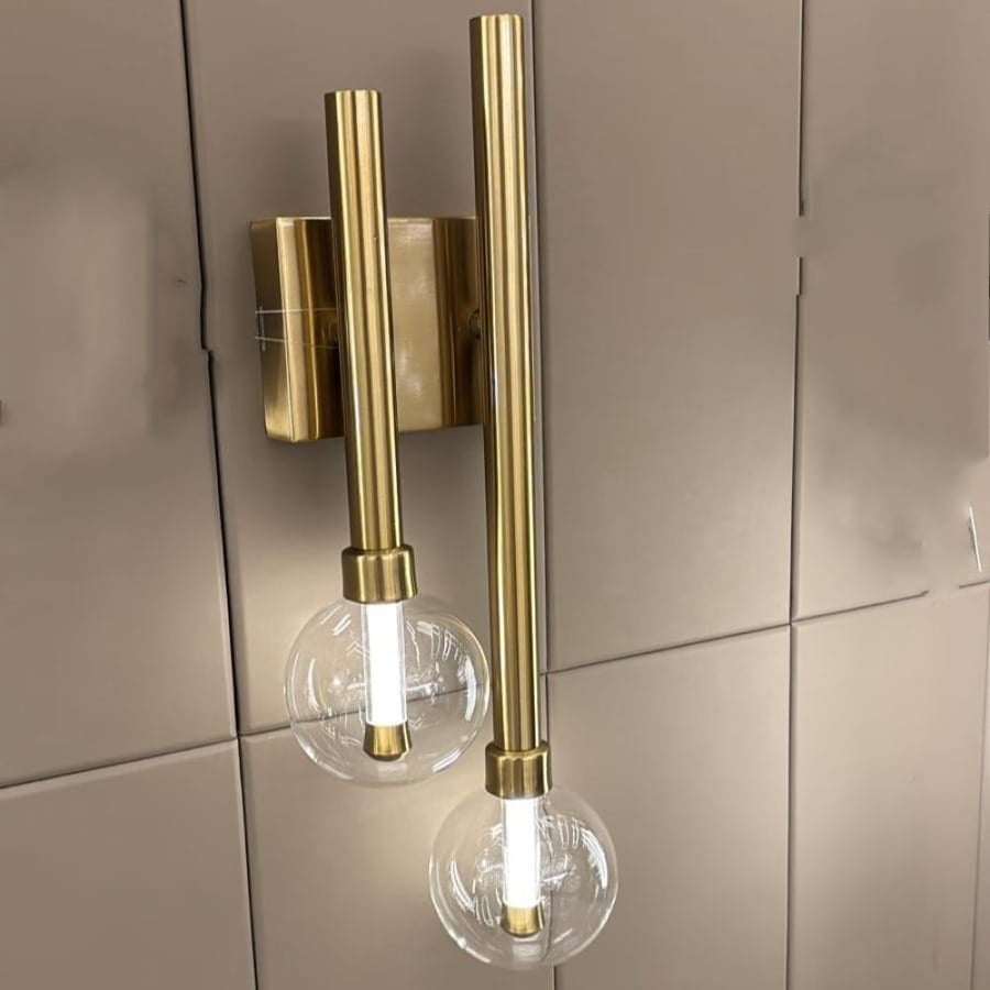 Gold double wall-mounted applique – cylindrical glass design – off-white light – height 50 cm