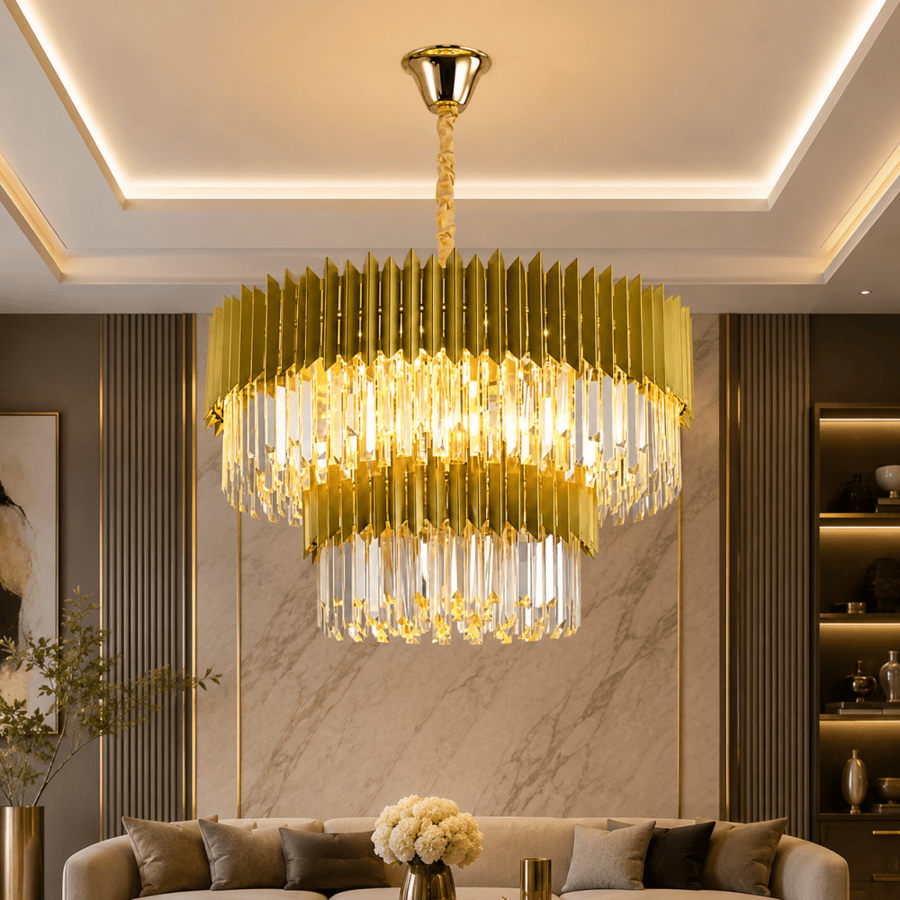 ثريا كريستال دائرية بتصميم فاخر – ذهبي – آرت الأضواء التجارية