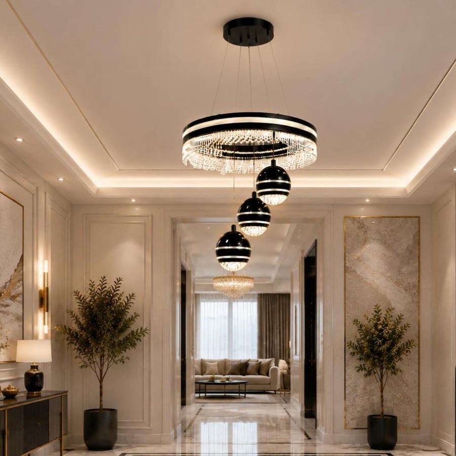 ثريا مودرن دائرية كريستال LED اسود – 3 إضاءات – آرت الأضواء التجارية