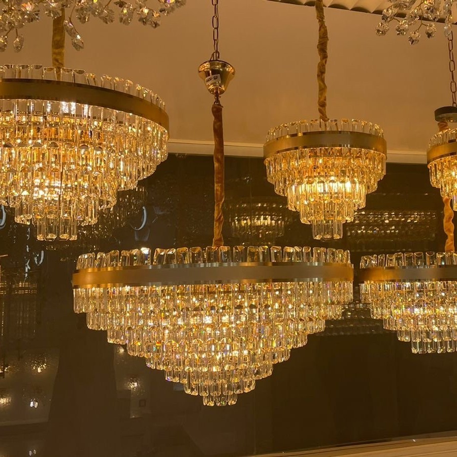 Crystal chandelier with matte gold frame, various sizes