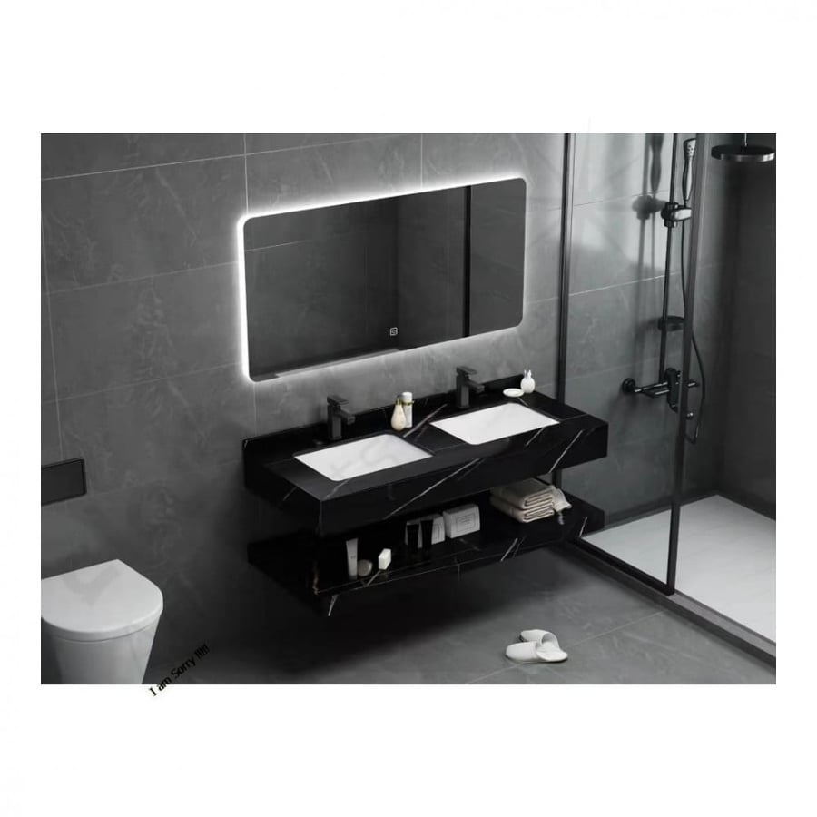 Marble sink 2 basin black color size 140 cm two basins with LED mirrors