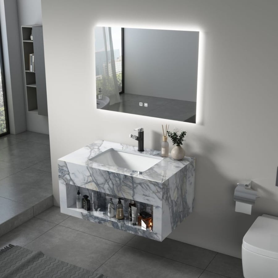 White marble sinks, one basin and two basins, in various sizes