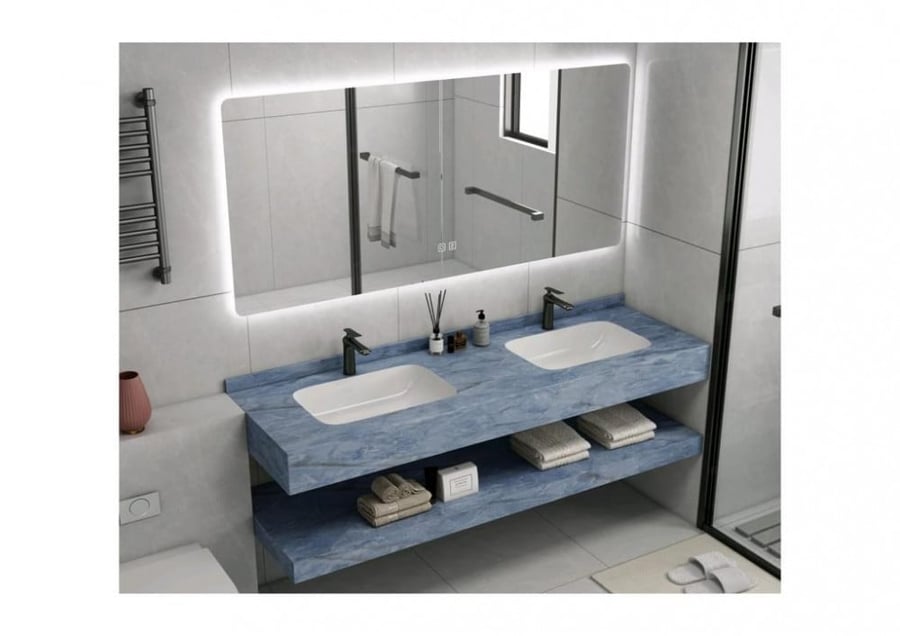 Blue marble sinks with one or two basins in various sizes