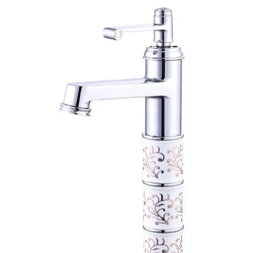 Silver and white sink mixer with high control, single handle for hot and cold water, easy to adjust water temperature