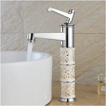 Silver and white sink mixer with high control, single handle for hot and cold water, easy to adjust water temperature