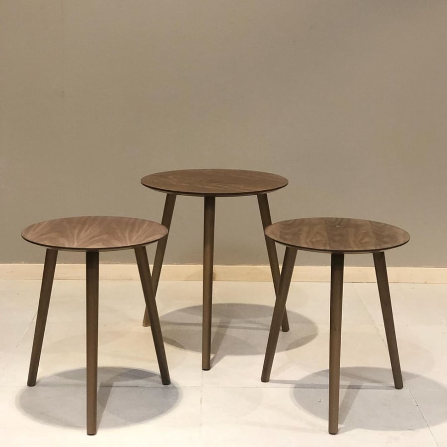 Set of 3 brown wooden tables