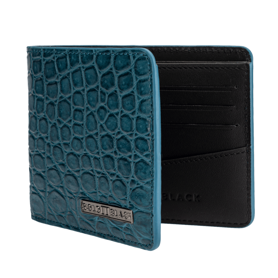 محفظة مطوية (جلد تمساح طبيعي) - ازرق بترولي