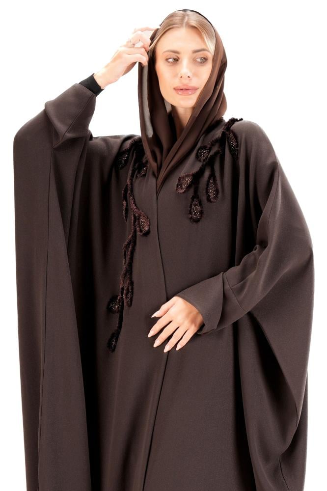 Brown crepe abaya with a bisht cut and luxurious embroidery
