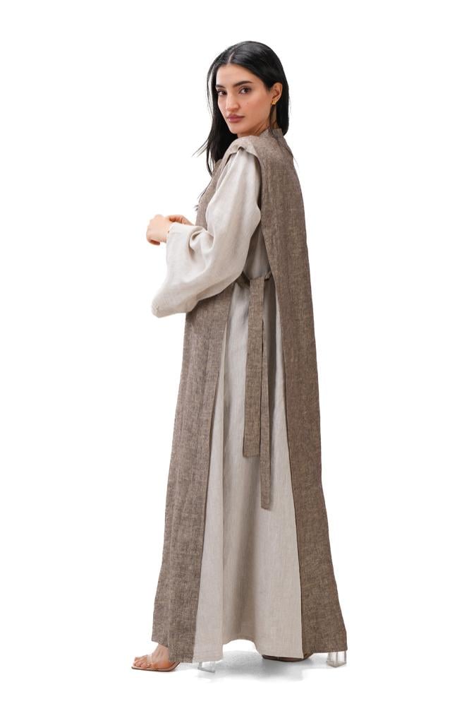 عباية بيج صيفية لينن بتدخيلة لون بني بربطات جانبية - DualWear