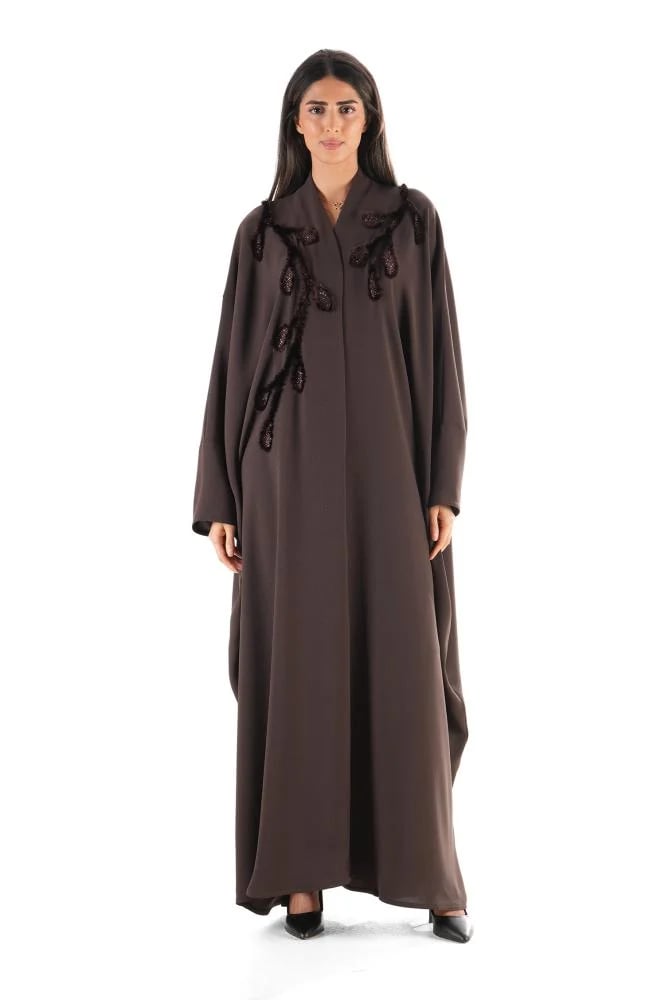 Brown crepe abaya with a bisht cut and luxurious embroidery
