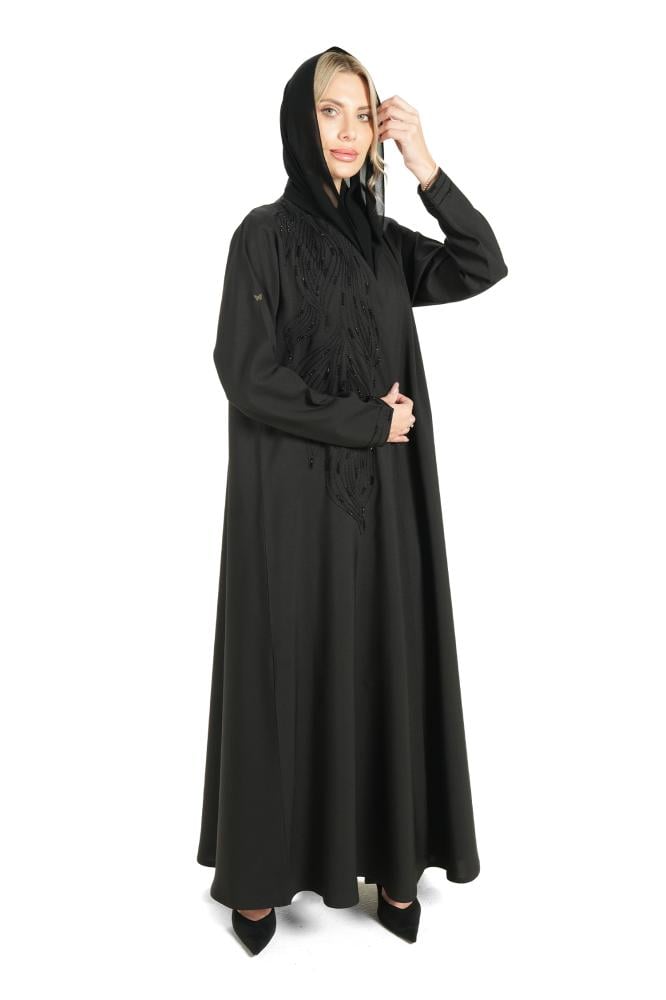 Black crepe abaya embroidered with black beads