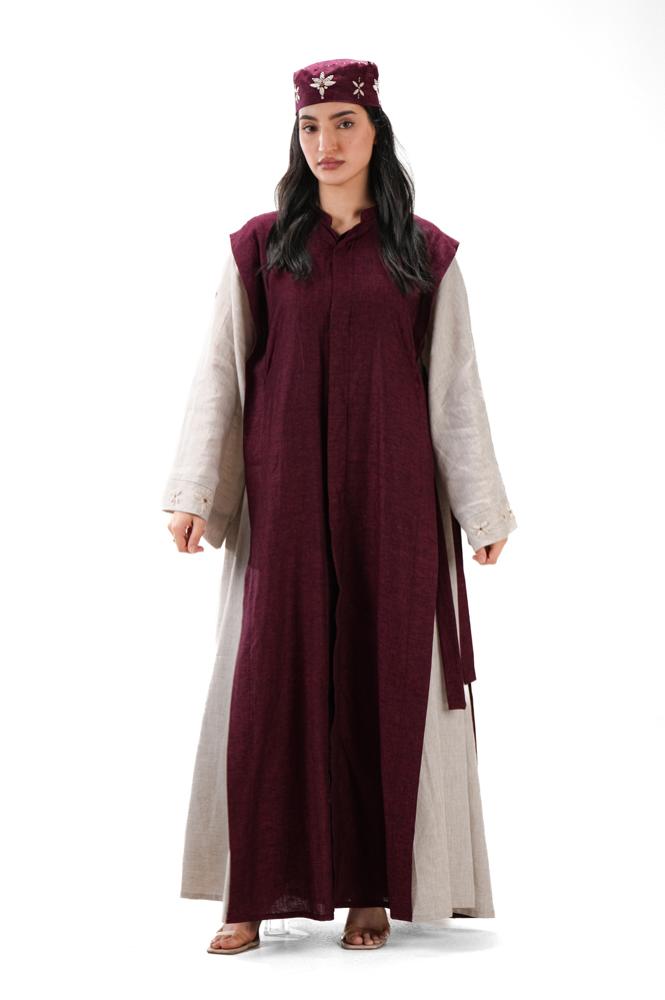 عباية بيج صيفية لينن بتدخيلة لون عودي بربطات جانبية - DualWear