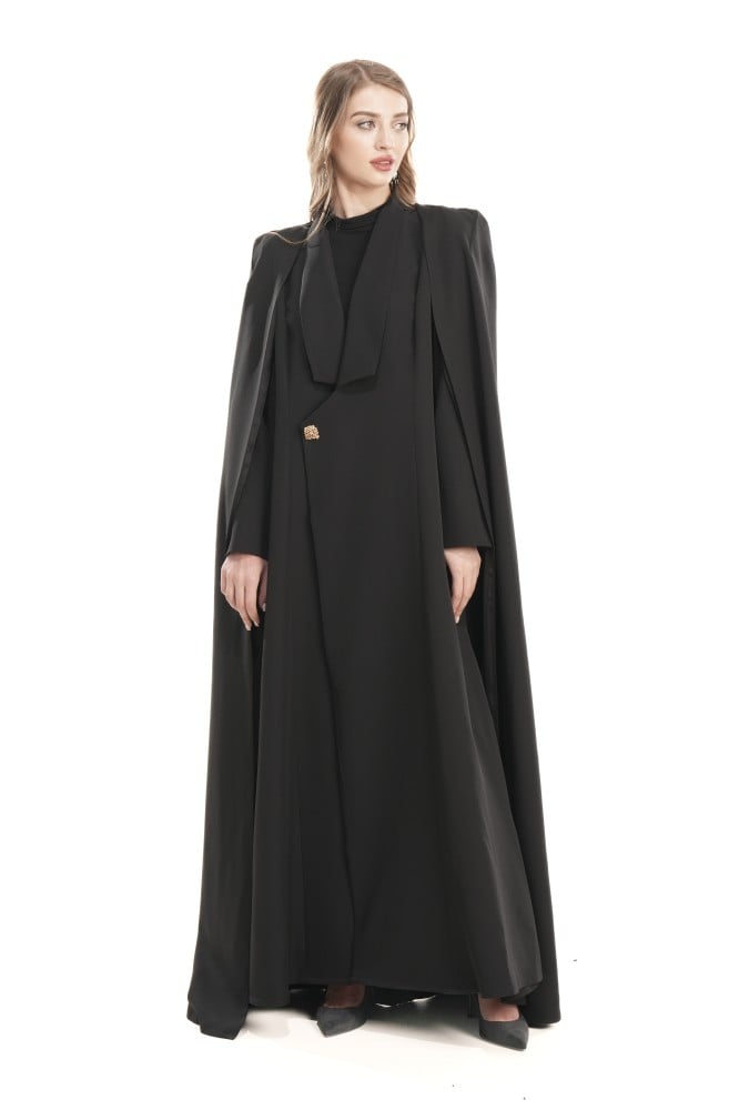 عباية سوداء كريب مع كيب منفصل - FANCY CAPE