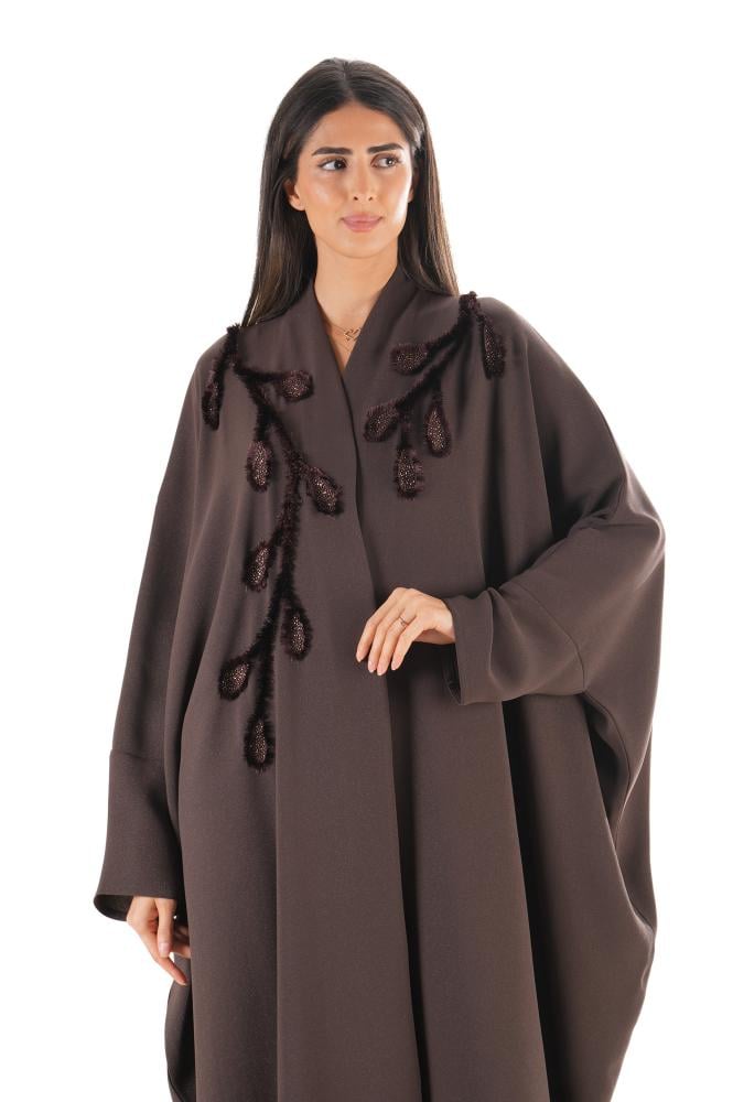 Brown crepe abaya with a bisht cut and luxurious embroidery