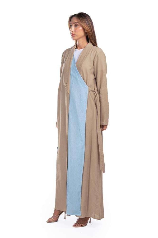 Brown and light blue summer blazer abaya with side tie - Starfish