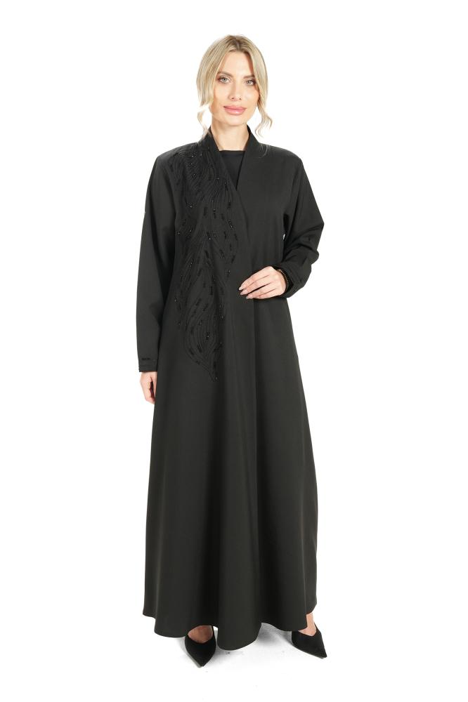 Black crepe abaya embroidered with black beads
