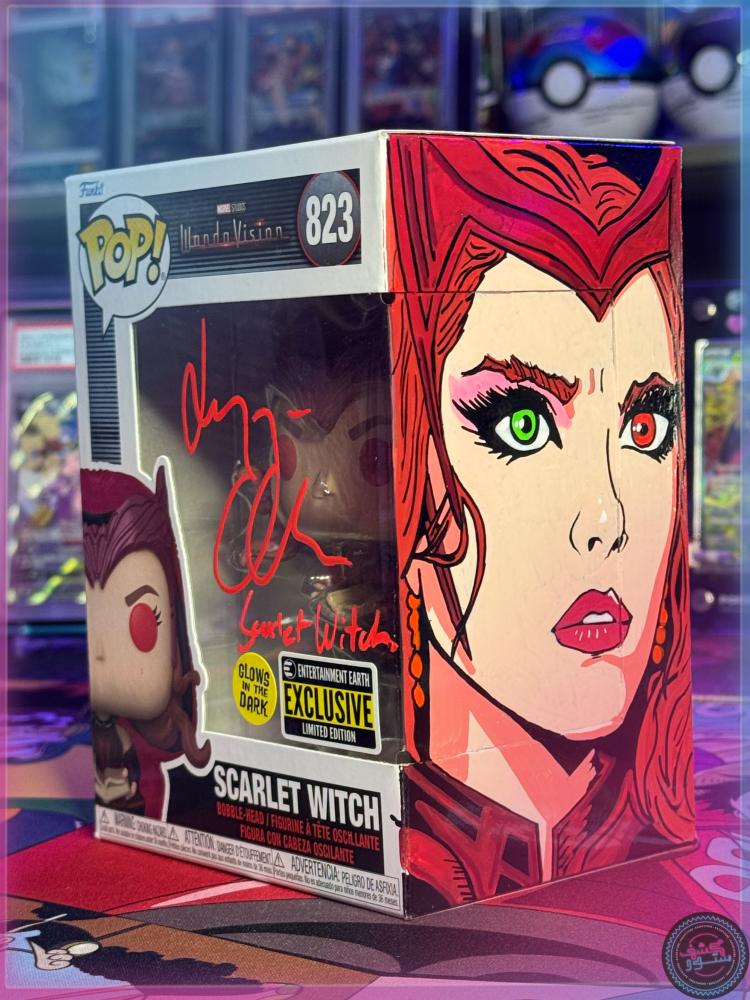 Funko Pop Marvel  Scarlet Witch Glow Exclusive Signed by Elizabeth Olsen + Custom ART + SWAU COA
