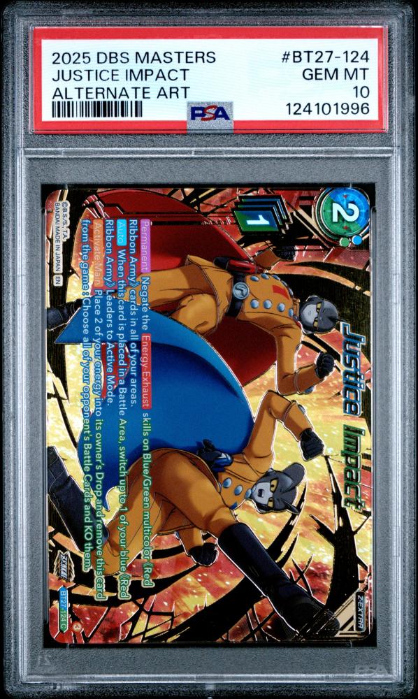 PSA 10 TCG 2025 DRAGON BALL SUPER CARD GAME MASTERS SERIES 27 HISTORY OF Z #BT27-124 JUSTICE IMPACT ALTERNATE ART